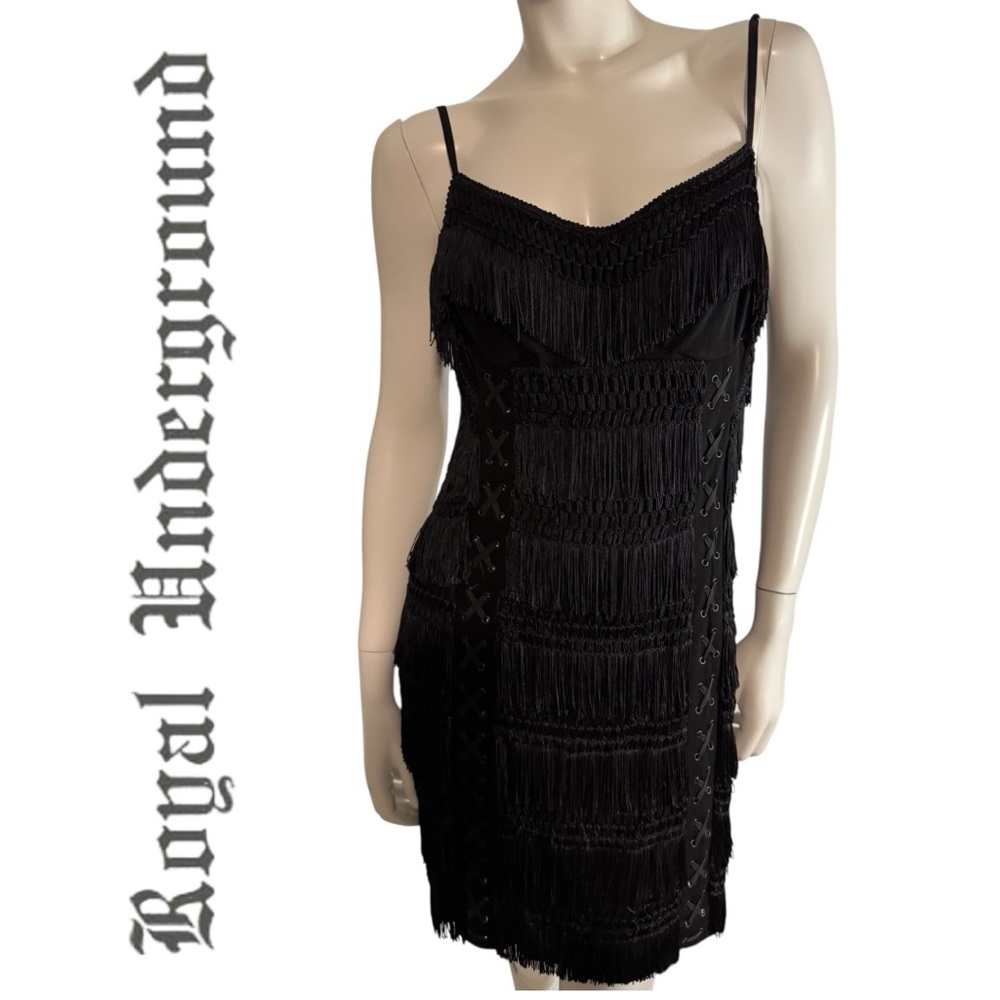 Royal Underground Elegant Black Fringe Mini Dress Size Large (fits small)